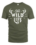 The Wild Life Deer Antlers Graphic T Shirt Rustic Nature Style Tee - military green t-shirt on white background