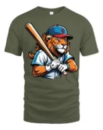 Lion Baseball Player Graphic T Shirt Cool Sports Style Tee - military green t-shirt on white background