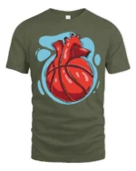 Anatomical Heart Basketball Graphic T Shirt Creative Sport Tee - military green t-shirt on white background