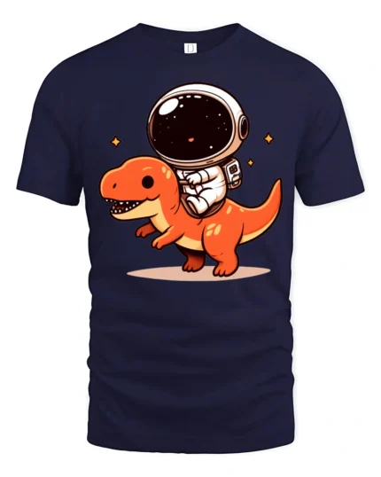 Kawaii Space Dino Astronaut Graphic T Shirt Fun Cartoon Tee - navy t-shirt on white background