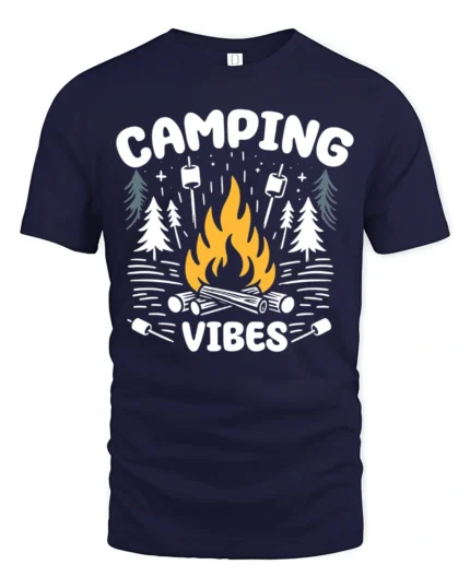 Camping Vibes Campfire Graphic T Shirt Outdoor Adventure Tee - navy t-shirt on white background