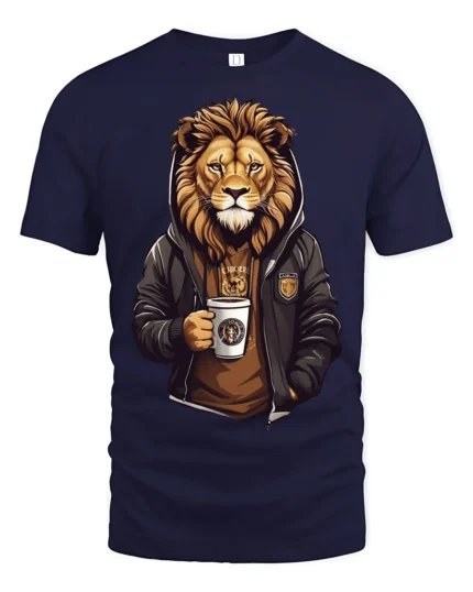 Cool Lion Coffee Graphic T Shirt Stylish Streetwear Style Tee - navy t-shirt on white background