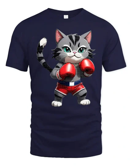 Cute Boxing Cat Graphic T Shirt Funny Fighter Style Animal Tee - navy t-shirt on white background