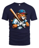 Lion Baseball Player Graphic T Shirt Cool Sports Style Tee - navy t-shirt on white background