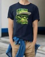 Street Style Monster Head Graphic T Shirt Urban Cool Style Tee - model wearing navy tee with hands in pockets