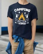 Camping Vibes Campfire Graphic T Shirt Outdoor Adventure Tee - model wearing navy tee with hands in pockets