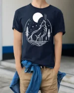 Howling Wolf Moon Graphic T Shirt Nature Night Style Tee - model wearing navy tee with hands in pockets