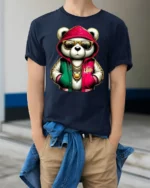 Cool Panda Streetwear Graphic T Shirt Hip Hop Style Tee - model wearing navy tee with hands in pockets