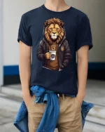 Cool Lion Coffee Graphic T Shirt Stylish Streetwear Style Tee - model wearing navy tee with hands in pockets