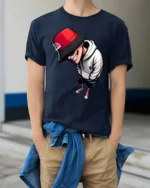 Cool Streetwear Cartoon Graphic T Shirt Urban Style Fashion Tee - model wearing navy tee with hands in pockets