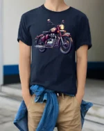 Vintage Classic Motorcycle Graphic T Shirt Retro Biker Style Tee - model wearing navy tee with hands in pockets