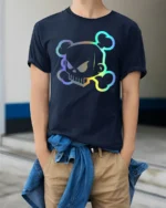 Neon Skull Graphic T Shirt Cool Cyber Punk Style Streetwear Tee - model wearing navy tee with hands in pockets