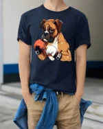 Strong Boxing Dog Graphic T Shirt Cool Fighter Style Tee - model wearing navy tee with hands in pockets