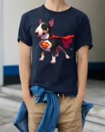 Superhero Dog Graphic T Shirt Cute Hero Puppy Style Tee - model wearing navy tee with hands in pockets