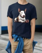 Cute Bull Terrier Dog Graphic T Shirt Funny Pet Lover Style Tee - model wearing navy tee with hands in pockets