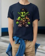 Fantasy Orc Character Graphic T Shirt Gamer Style Fashion Tee - model wearing navy tee with hands in pockets