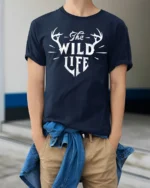 The Wild Life Deer Antlers Graphic T Shirt Rustic Nature Style Tee - model wearing navy tee with hands in pockets