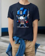Cute Robot Hero Graphic T Shirt Sci Fi Cartoon Style Tee - model wearing navy tee with hands in pockets