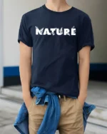 Nature Typography Graphic T Shirt Minimal Outdoor Style Tee - model wearing navy tee with hands in pockets