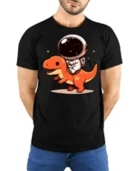 Kawaii Space Dino Astronaut Graphic T Shirt Fun Cartoon Tee - model wearing black tee with hands behind back