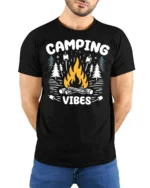 Camping Vibes Campfire Graphic T Shirt Outdoor Adventure Tee - model wearing black tee with hands behind back