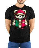 Cool Panda Streetwear Graphic T Shirt Hip Hop Style Tee - model wearing black tee with hands behind back