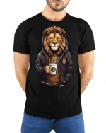 Cool Lion Coffee Graphic T Shirt Stylish Streetwear Style Tee - model wearing black tee with hands behind back