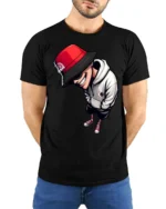Cool Streetwear Cartoon Graphic T Shirt Urban Style Fashion Tee - model wearing black tee with hands behind back