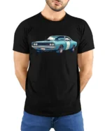 Vintage Classic Muscle Car Graphic T Shirt Retro Car Lover Tee - model wearing black tee with hands behind back