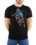 Extreme Downhill Mountain Bike Graphic T Shirt Adventure Style Tee - model wearing black tee with hands behind back