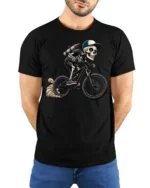 Cool Skeleton Riding Bike Graphic T Shirt Gothic Sport Style Tee - model wearing black tee with hands behind back