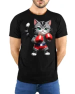 Cute Boxing Cat Graphic T Shirt Funny Fighter Style Animal Tee - model wearing black tee with hands behind back