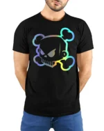 Neon Skull Graphic T Shirt Cool Cyber Punk Style Streetwear Tee - model wearing black tee with hands behind back