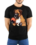 Strong Boxing Dog Graphic T Shirt Cool Fighter Style Tee - model wearing black tee with hands behind back