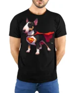 Superhero Dog Graphic T Shirt Cute Hero Puppy Style Tee - model wearing black tee with hands behind back