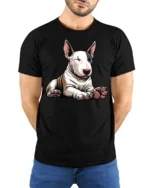Cute Bull Terrier Dog Graphic T Shirt Funny Pet Lover Style Tee - model wearing black tee with hands behind back