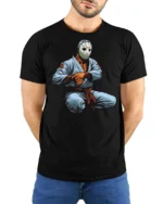 Horror Mask Martial Arts Graphic T Shirt Dark Fighter Style Tee - model wearing black tee with hands behind back