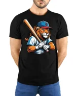 Lion Baseball Player Graphic T Shirt Cool Sports Style Tee - model wearing black tee with hands behind back