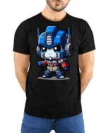Cute Robot Hero Graphic T Shirt Sci Fi Cartoon Style Tee - model wearing black tee with hands behind back