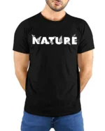 Nature Typography Graphic T Shirt Minimal Outdoor Style Tee - model wearing black tee with hands behind back