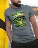 Street Style Monster Head Graphic T Shirt Urban Cool Style Tee - model wearing grey tee, leaning on column