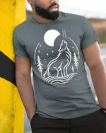 Howling Wolf Moon Graphic T Shirt Nature Night Style Tee - model wearing grey tee, leaning on column