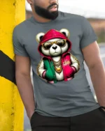 Cool Panda Streetwear Graphic T Shirt Hip Hop Style Tee - model wearing grey tee, leaning on column