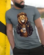 Cool Lion Coffee Graphic T Shirt Stylish Streetwear Style Tee - model wearing grey tee, leaning on column
