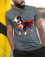 Superhero Dog Graphic T Shirt Cute Hero Puppy Style Tee - model wearing grey tee, leaning on column