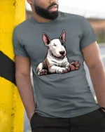 Cute Bull Terrier Dog Graphic T Shirt Funny Pet Lover Style Tee - model wearing grey tee, leaning on column