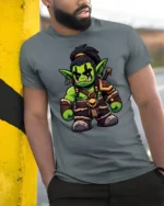 Fantasy Orc Character Graphic T Shirt Gamer Style Fashion Tee - model wearing grey tee, leaning on column