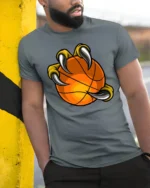 Beast Claw Basketball Graphic T Shirt Cool Athlete Style Tee - model wearing grey tee, leaning on column