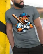 Lion Baseball Player Graphic T Shirt Cool Sports Style Tee - model wearing grey tee, leaning on column