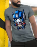 Cute Robot Hero Graphic T Shirt Sci Fi Cartoon Style Tee - model wearing grey tee, leaning on column